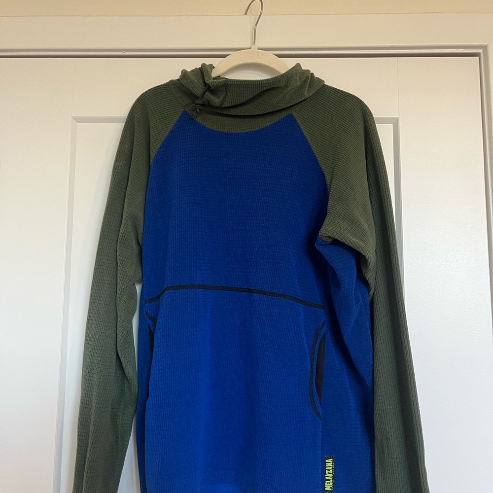 Melanzana Blue and Olive Green Hooded Fleece Pullover